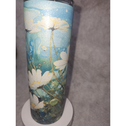20 oz Stainless Steel Glitter Tumbler Flowers Daisy Dasies