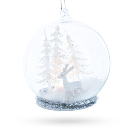 White Deer in Snow Globe with Glistening Snowflakes Glass Christmas Ornament
