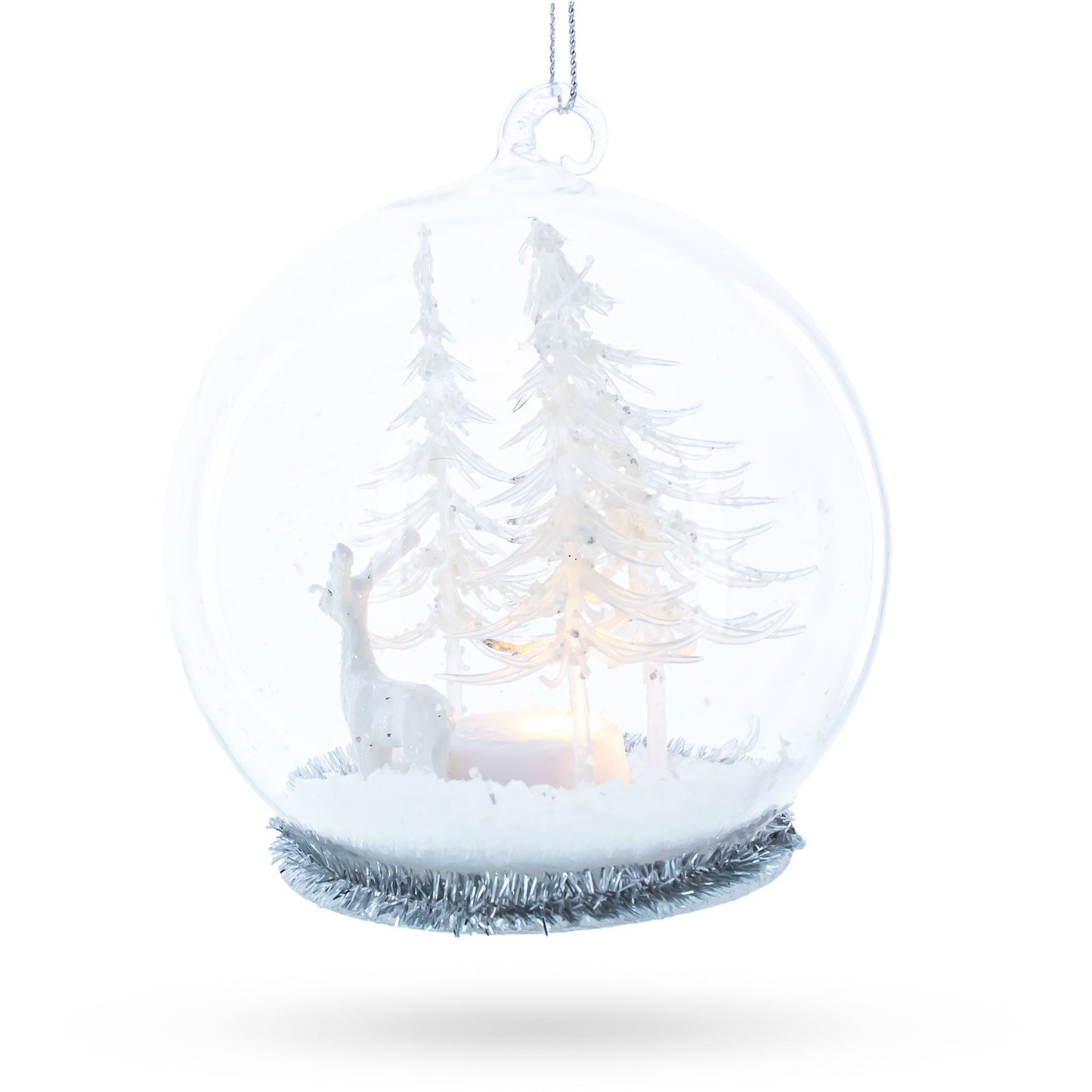 White Deer in Snow Globe with Glistening Snowflakes Glass Christmas Ornament