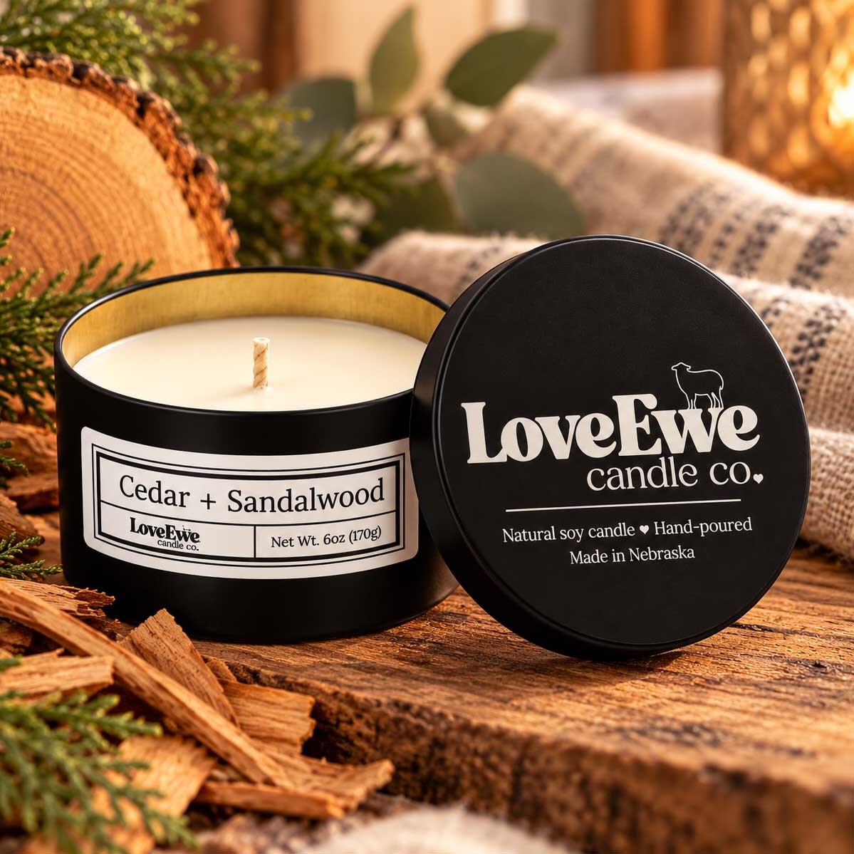 Cedar + Sandalwood Scented Candle | 6 oz | Love Ewe Candle Company