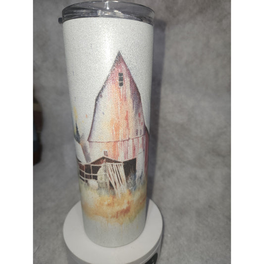 20 oz Stainless Steel Glitter Tumbler Watercolor Barns