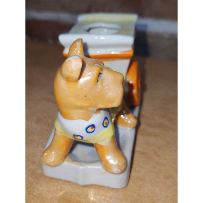 Vintage Pin Cushion Ceramic Scottie Dog & Cart Made in Japan AS IS vo85