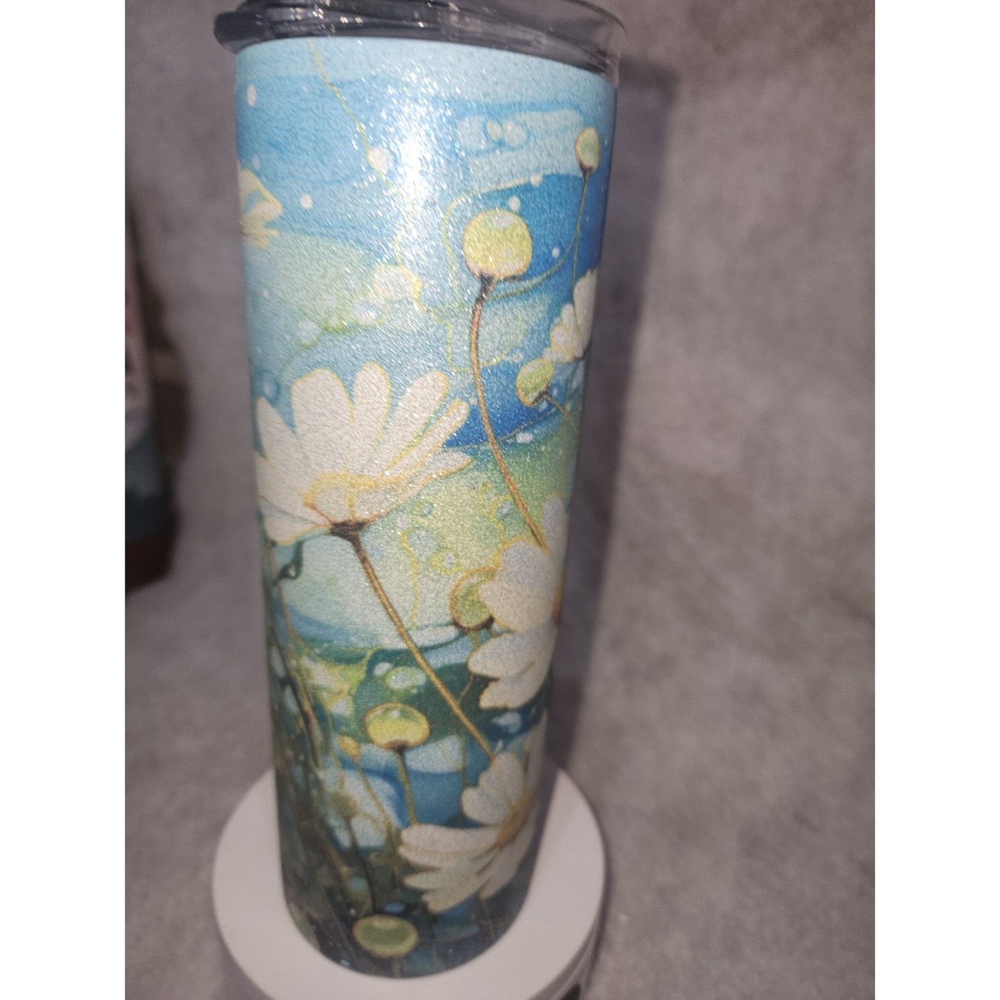 20 oz Stainless Steel Glitter Tumbler Flowers Daisy Dasies