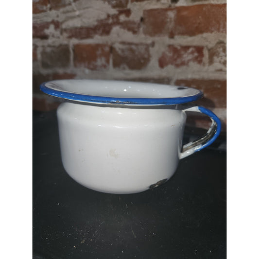 Antique enamel enamelware childrens chamber pot white with lighter blue trim enm8