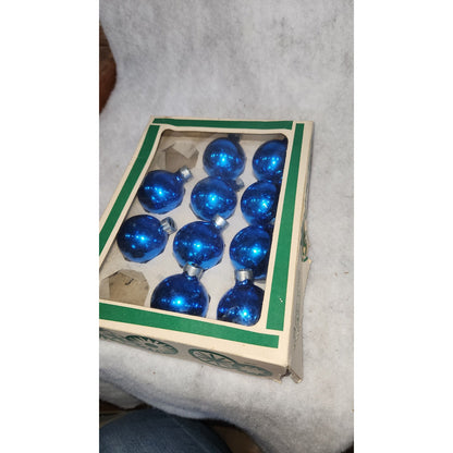 Vintage Box of 10 Blue Glass Ornaments Possibly Coby bo12