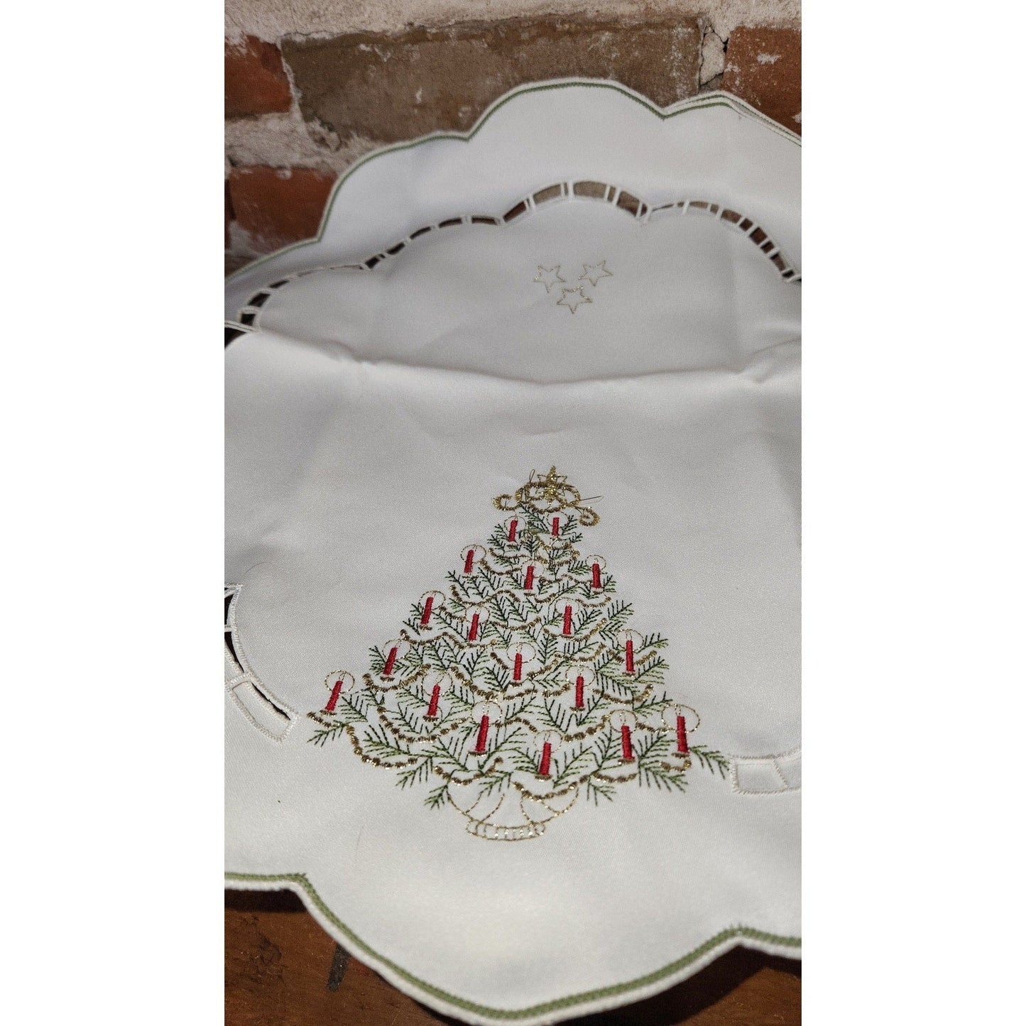 2 Christmas Glitter Tree Doilies Beautiful  Scalloped Edges Machine Embroidered