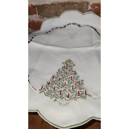 2 Christmas Glitter Tree Doilies Beautiful  Scalloped Edges Machine Embroidered