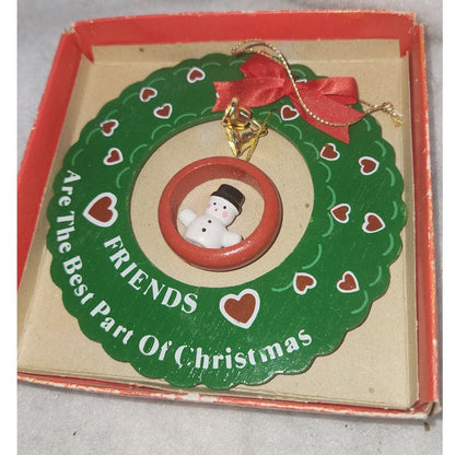 Vintage Giftco Wood Wreath Christmas Ornament Snowman friends