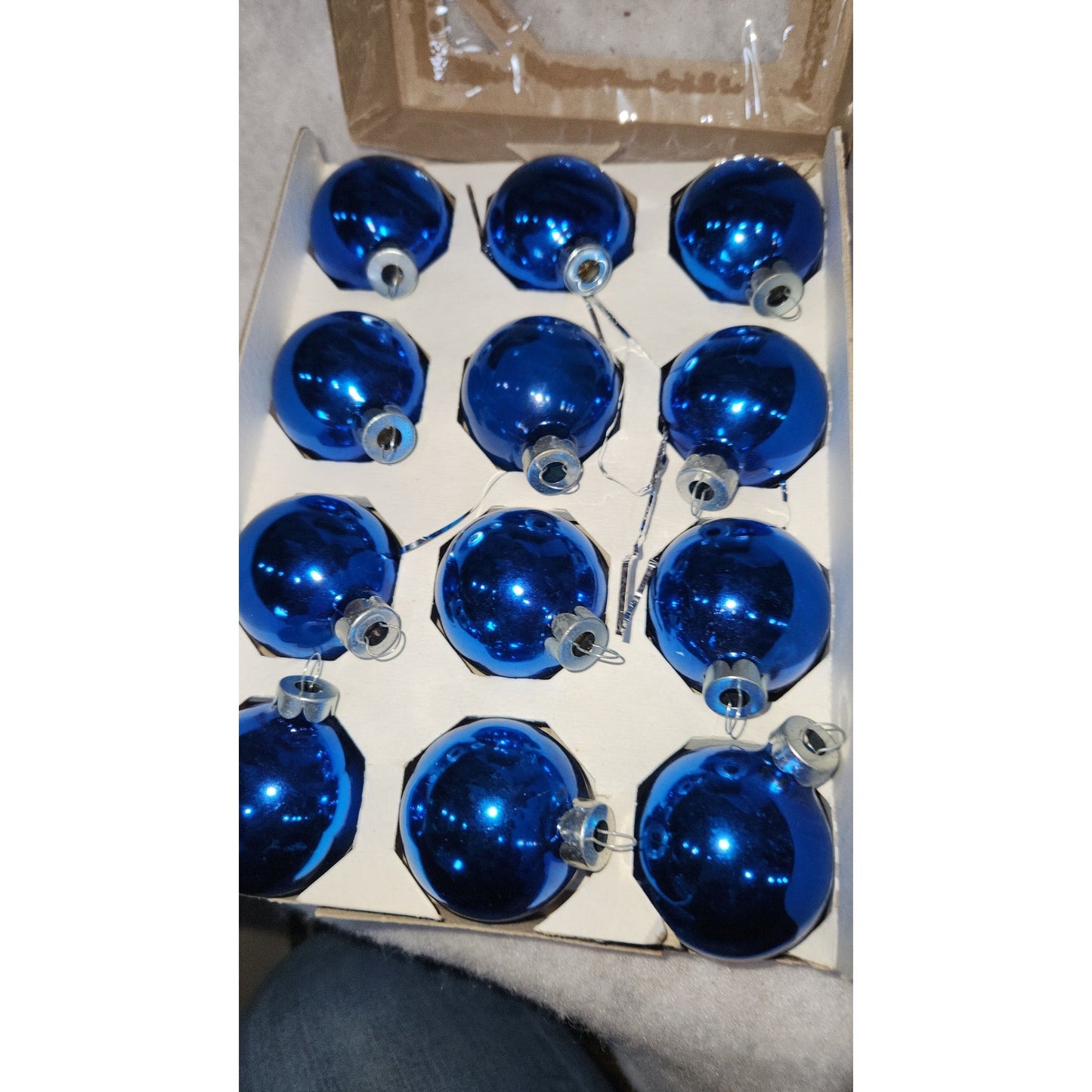 vintage box of blue Pyramid ornaments
