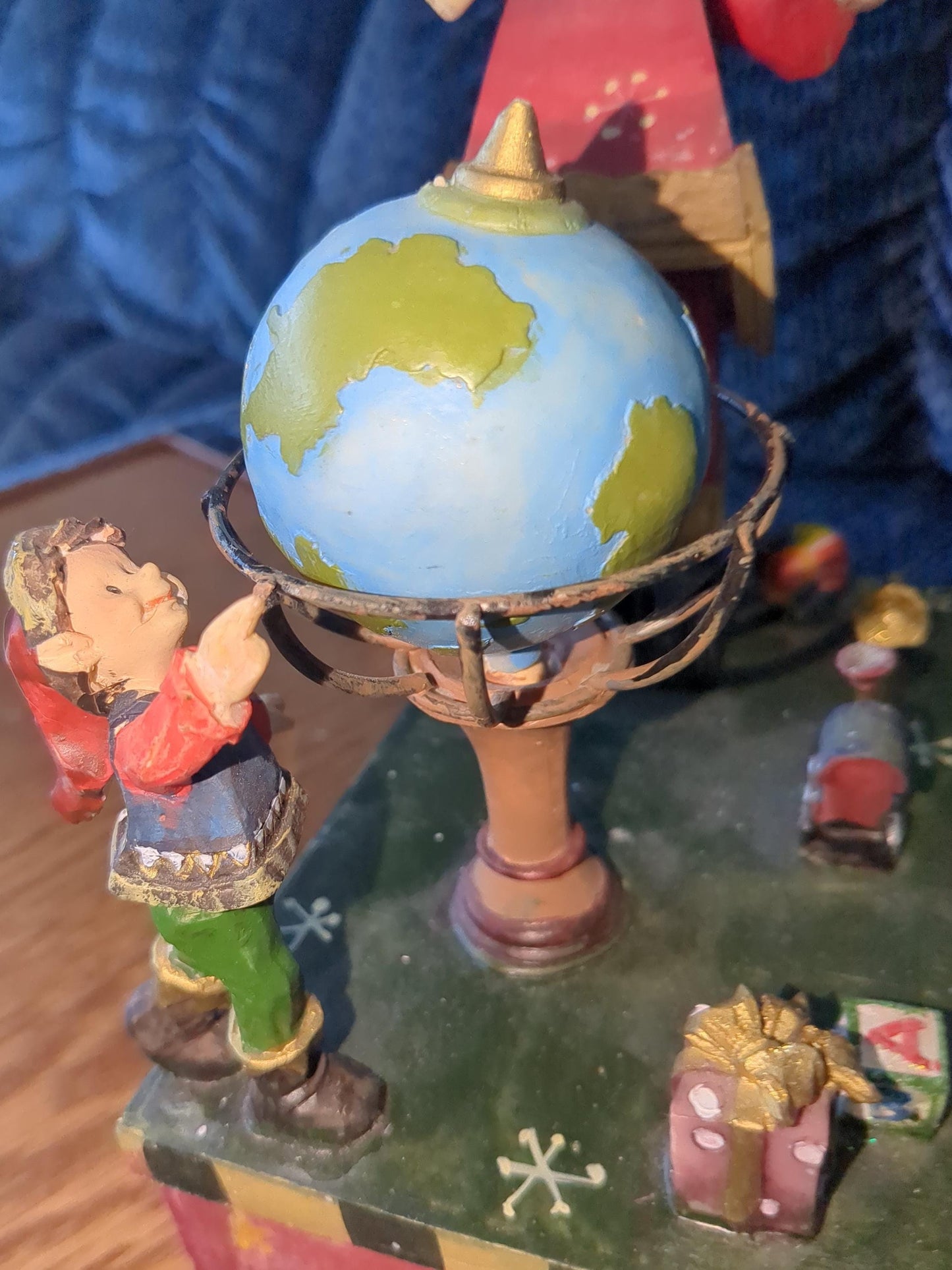 Saint Nicholas Square animated music box with Santa rocking, spinning glove and the elf just watching s49