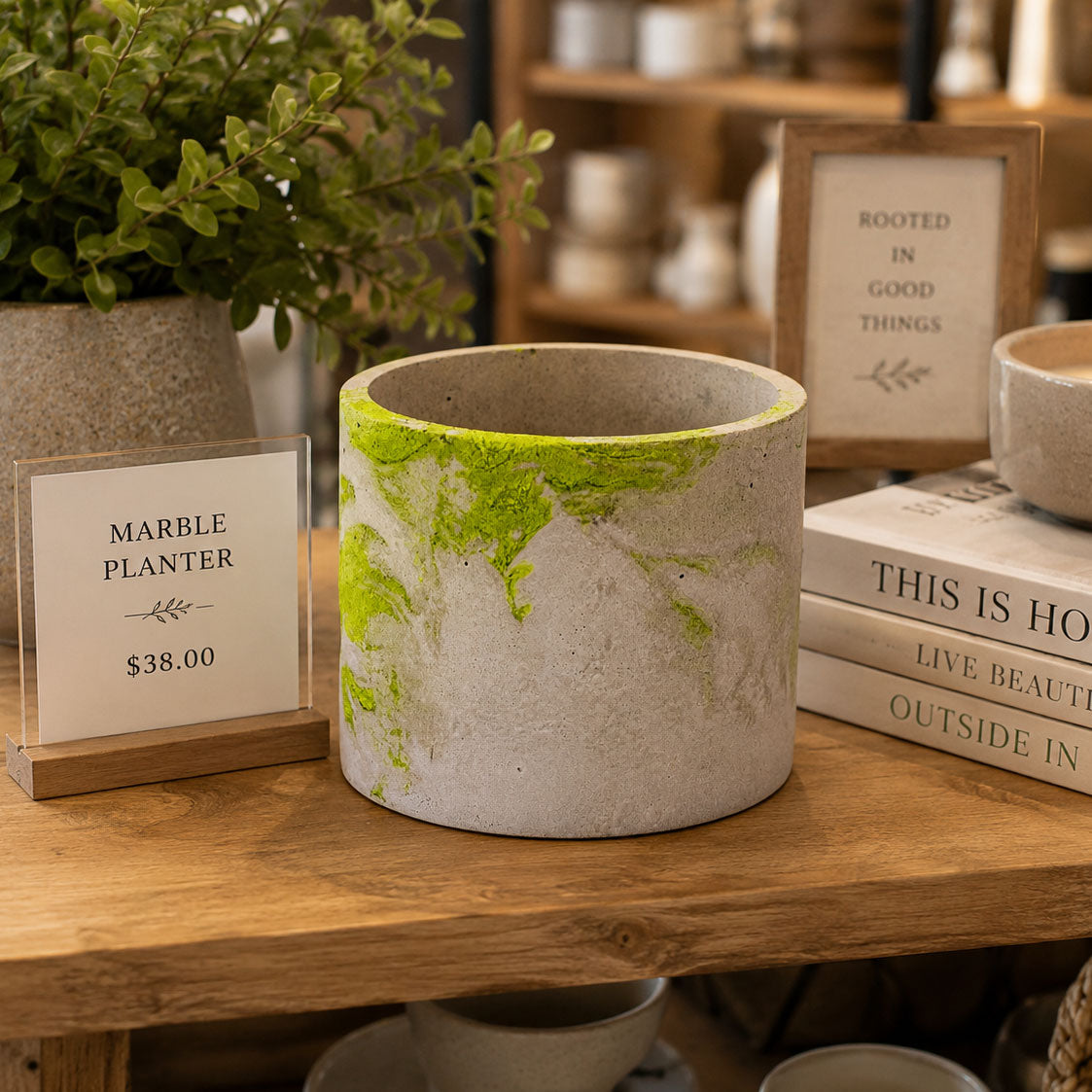 Lime & Gray Concrete Flower Pot | 6" x 4.75" x 4.75" | Color Crete Creations