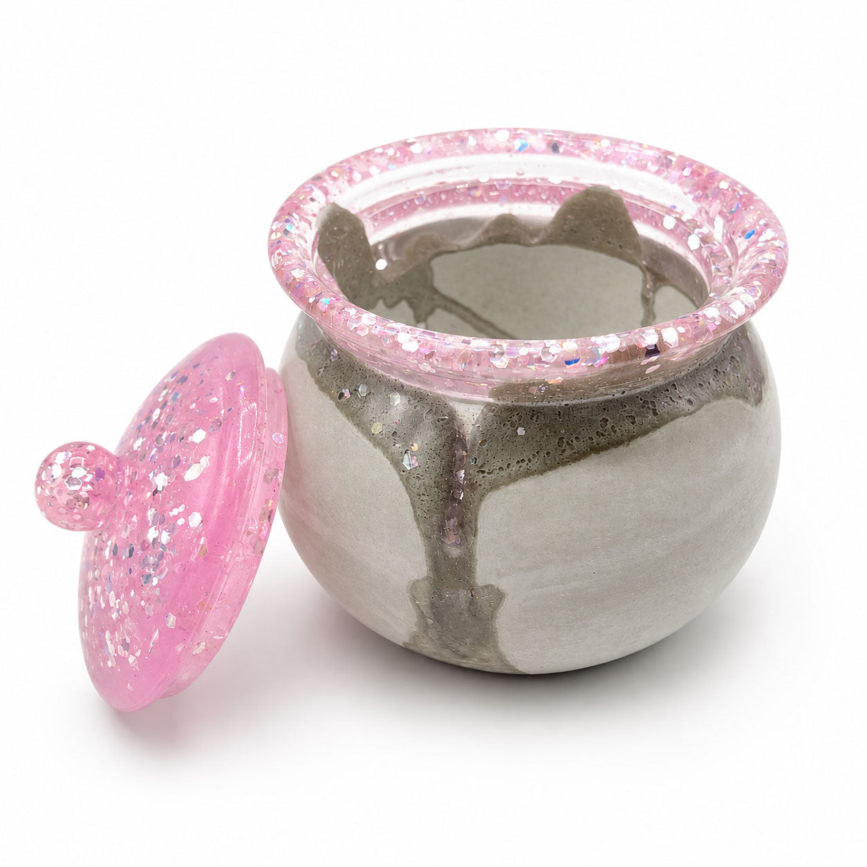 Sparkly Gray & Pink Jar With Lid | 3.5" x 3.5" x 3" | Color Crete Creation