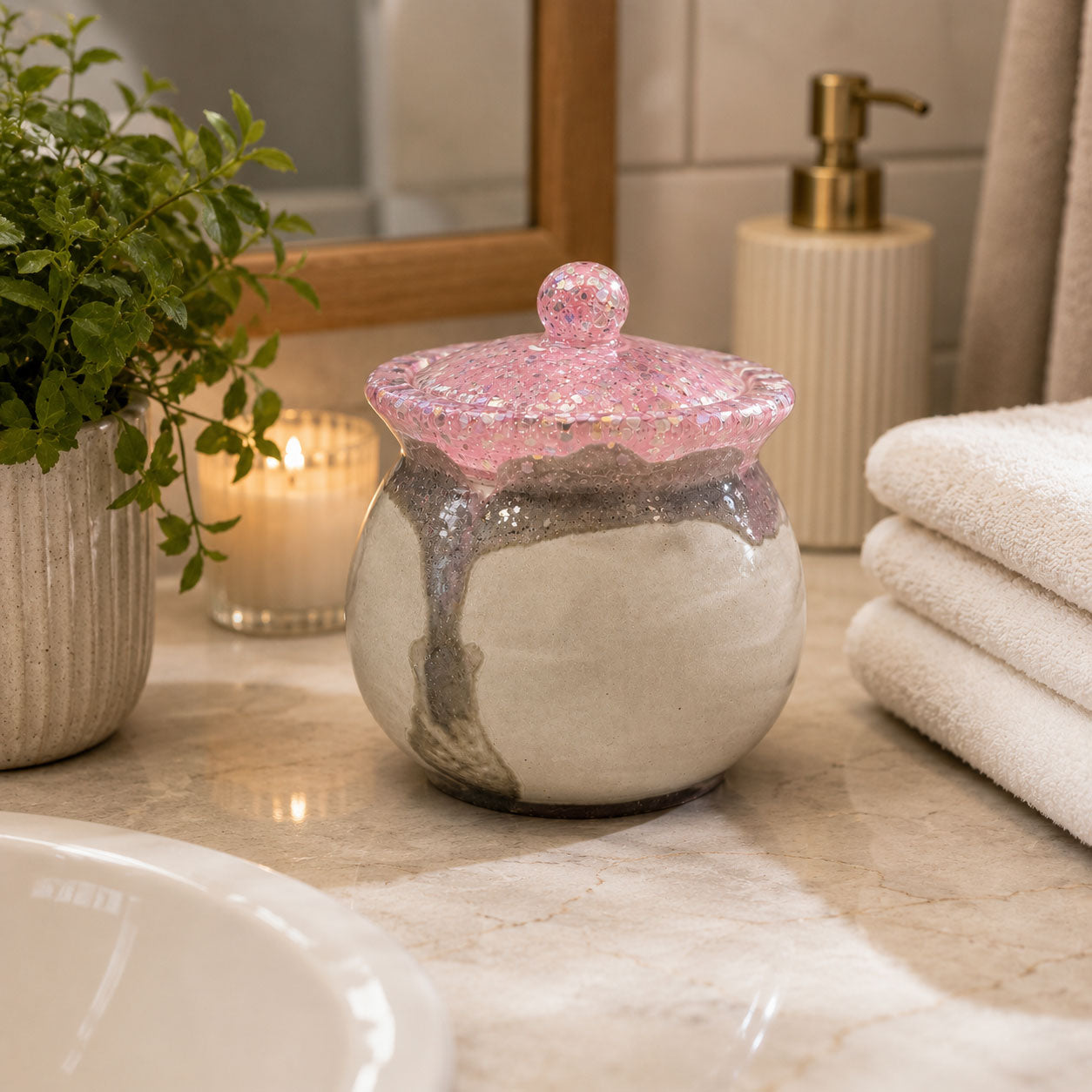 Sparkly Gray & Pink Jar With Lid | 3.5" x 3.5" x 3" | Color Crete Creation