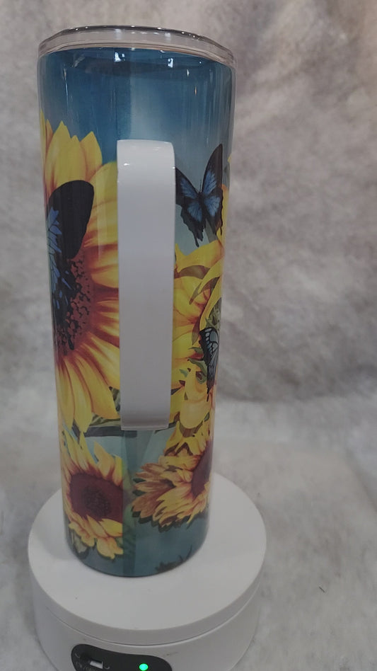 20 oz stainless steel, insulated, tumbler with handle Sunflower  & Butterflies