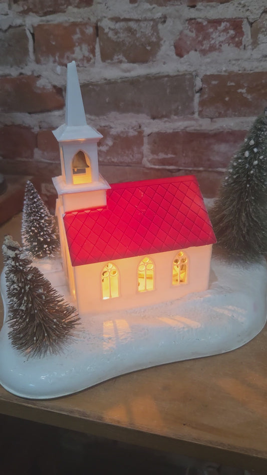 Vintage Plastic Church on Base with Trees Lighted Music Silent Night AS IS vc8