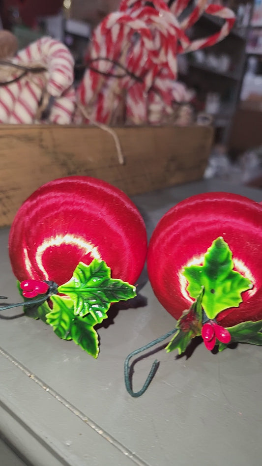 Vintage Red Satin Spun Silk Christmas Ornament 2" Ball With Green Holly Leaf and Green Metal Hanger