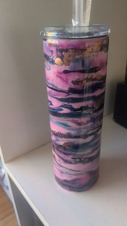 30 oz insulated stainless steel Tumbler Cratted with Resin and alcohol ink  pink, copper, blue Has Flaws, bumps in Resin AS IS CLEARANCE ai18