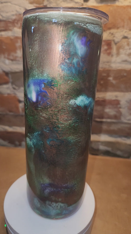 20 ounce stainless steel, Insulated, alcohol ink art Tumbler Copper Teal Blue White AS IS CLEARANCE ai7