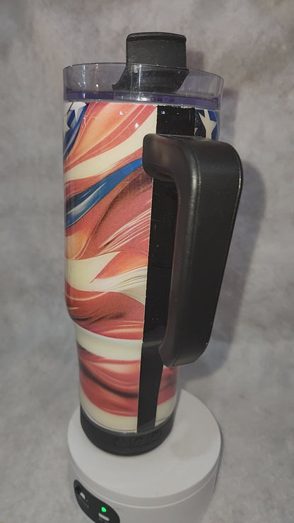 30 oz tumbler with black rechargeable speaker Flag tfg1