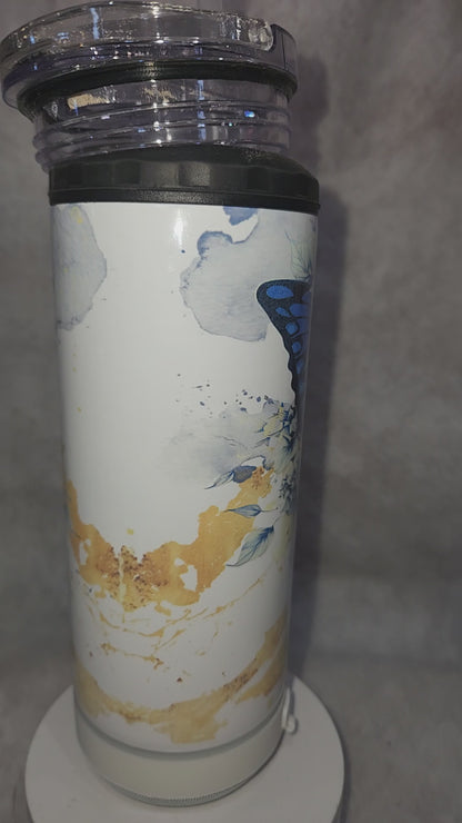 17 Oz Stainless Steel Insulated Tumbler with can cooler Top & Tumbler Top With White, Rechargeable, Removeable  Speaker. Butterfly stb6