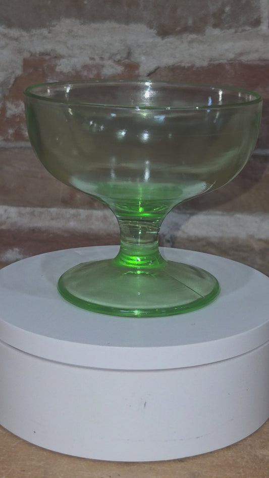 Vintage Uranium Depression Glass Compote Dessert Dish Vaseline Glows ug04