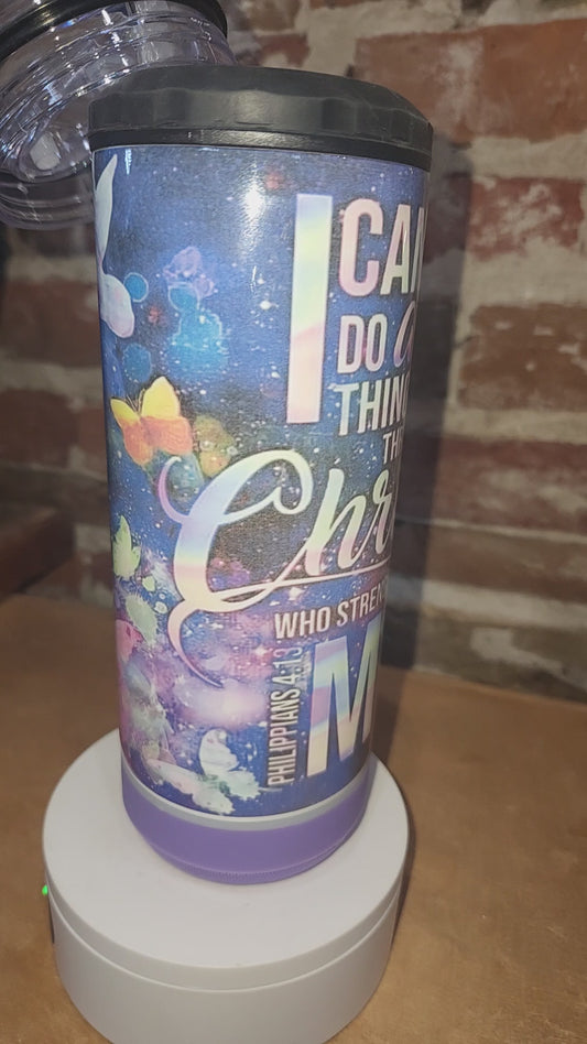 17 oz Steel Insulated Can Cooler, Tumbler & Speaker I can do all things through God sp1
