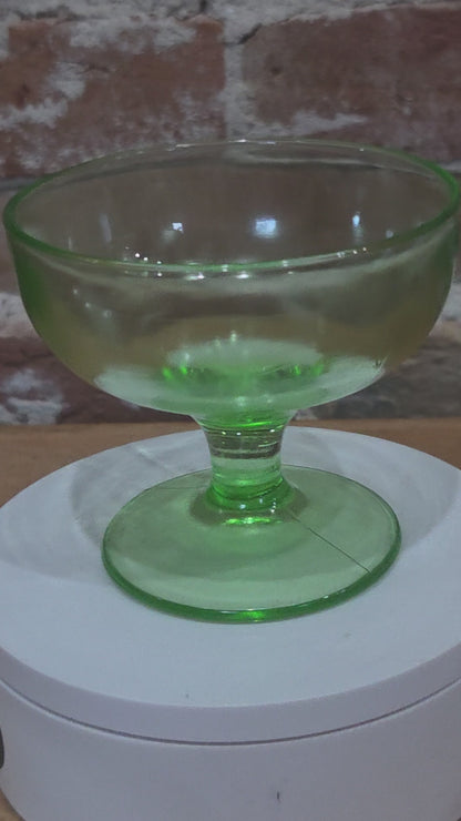 Vintage Uranium Depression Glass Compote Dessert Dish Vaseline Glows ug04