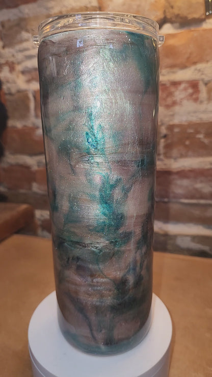 20 ounce stainless steel insulated alcohol ink art Tumbler tan, pink, aqua, white with 2 Lids. AS IS CLEARANCE ai22