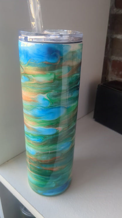30 ounce stainless steel insulated alcohol ink art Tumbler blue, copper, aqua, green with 2 Lids. AS IS CLEARANCE ai13