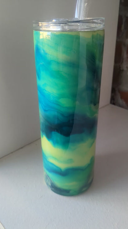20 ounce stainless steel, Insulated, alcohol ink art Tumbler greens and blues AS IS CLEARANCE ai1