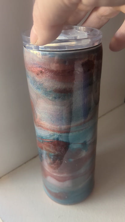 20 ounce insulated stainless steel Tumbler Handcrafted with Resin and alcohol ink with 2 lids Has Flaws Bumps in Resin CLEARANCE ai19