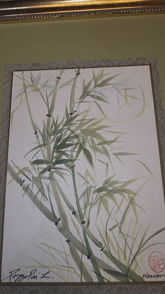 Vintage Peggy Pai Laughlin Framed Mixed Medium Painting B Hawaii Bamboo Dedicated by Artist 9 x 12 Frame