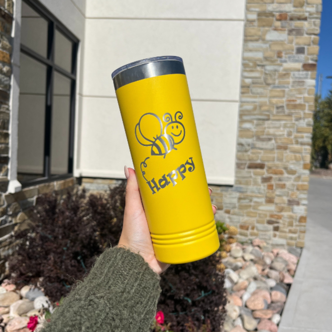 Skinny "Bee Happy" Tumbler with Slider Lid | 22 oz | Multiple Colors | RCK Creation & More