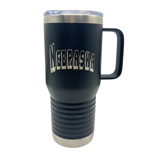 Stainless Steel Nebraska Engraved Cup with Handle | 20 oz | Multiple Colors | RCK Creations & More Ghost Black