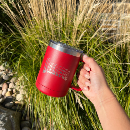 Stainless Steel Nebraska Engraved Mug Tumbler with Handle | 15 oz | Multiple Colors | RCK Creations & More