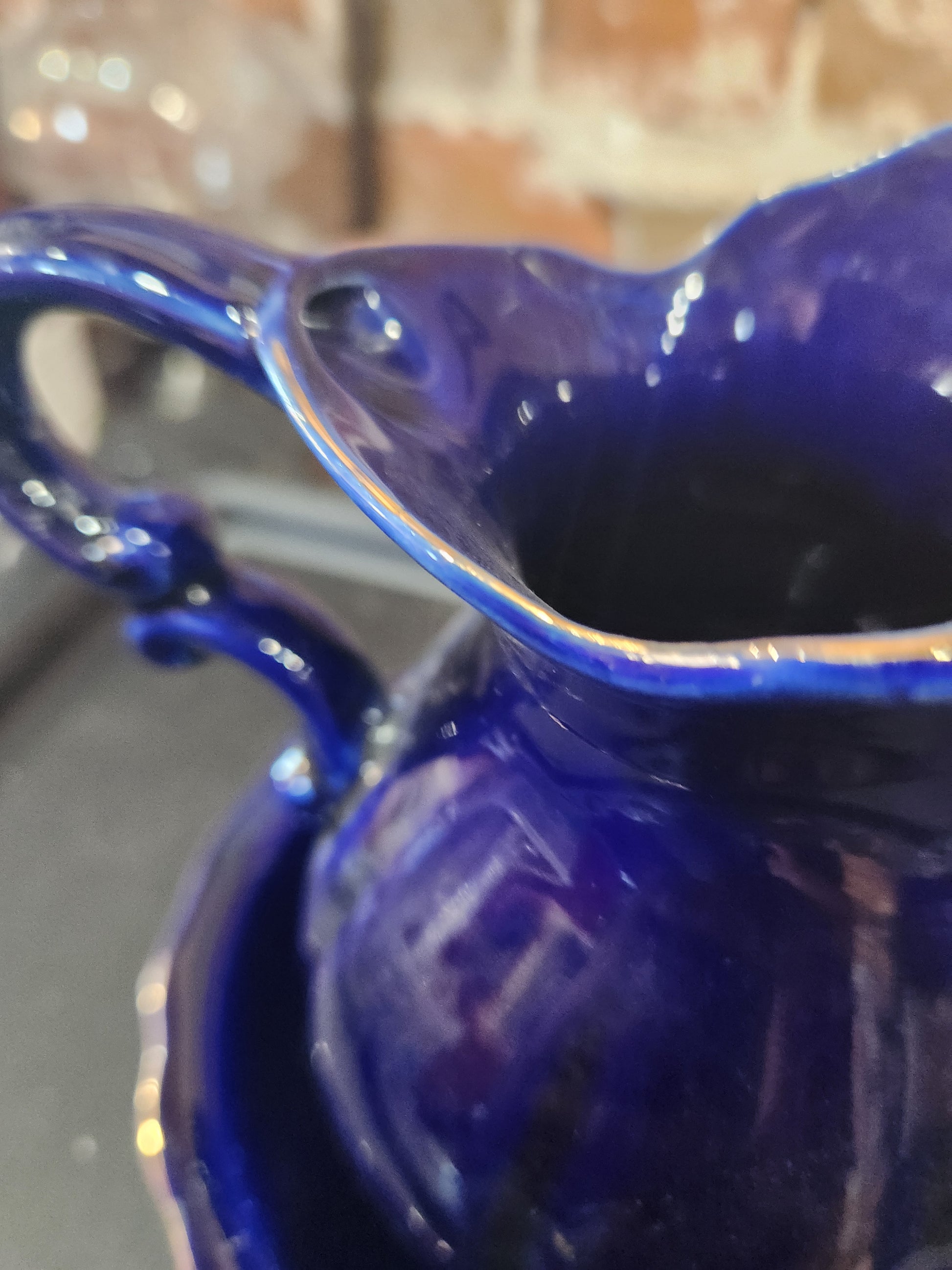 Porcelain Small Pitcher Bowl Set Taiwan Blue Floral Gold Trim Accent pit23 CLEARANCE