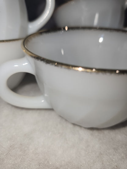 Vintage Fire King White Milk Glass Ribbed Swirl Tea Cup Oven Ware set of 5 fk4