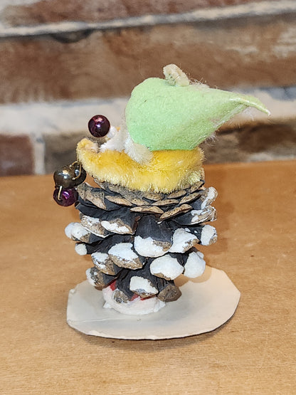 Vintage Pinecone Elf Gnome Dwarf with Maracas Band Ornament Chenille Green Hat Plastic Face Mica Putz elf6