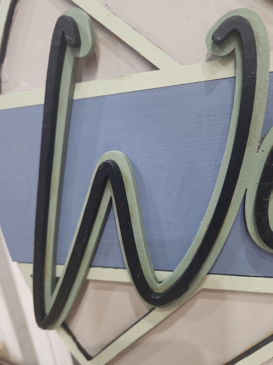 Door Sign 16" Handpainted Boho Welcome Blue, Green, tan, black CLEARANCE ds2
