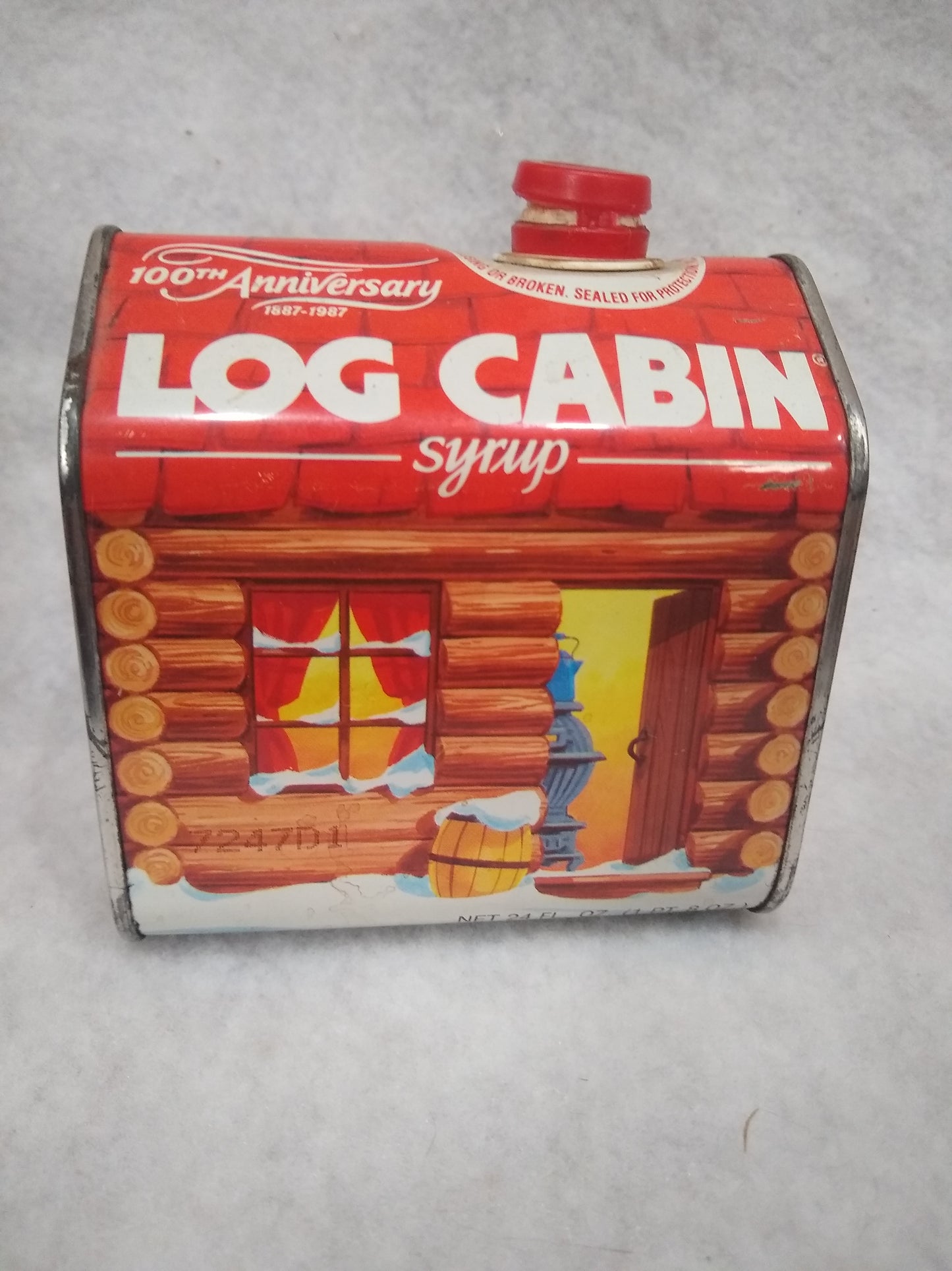 Vintage EMPTY tin "100th Anniversary 1887-1987 Log Cabin Syrup with Top tin663