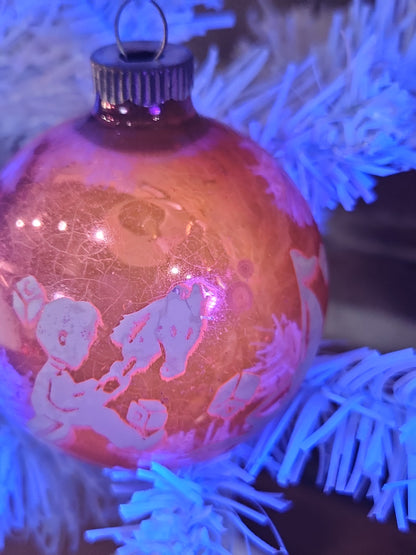 Vintage Shiny Brite Pink Christmas Ornament Stenciled Toy Bear Duck Toy Horse Clown Sailboat GLOWS vo26