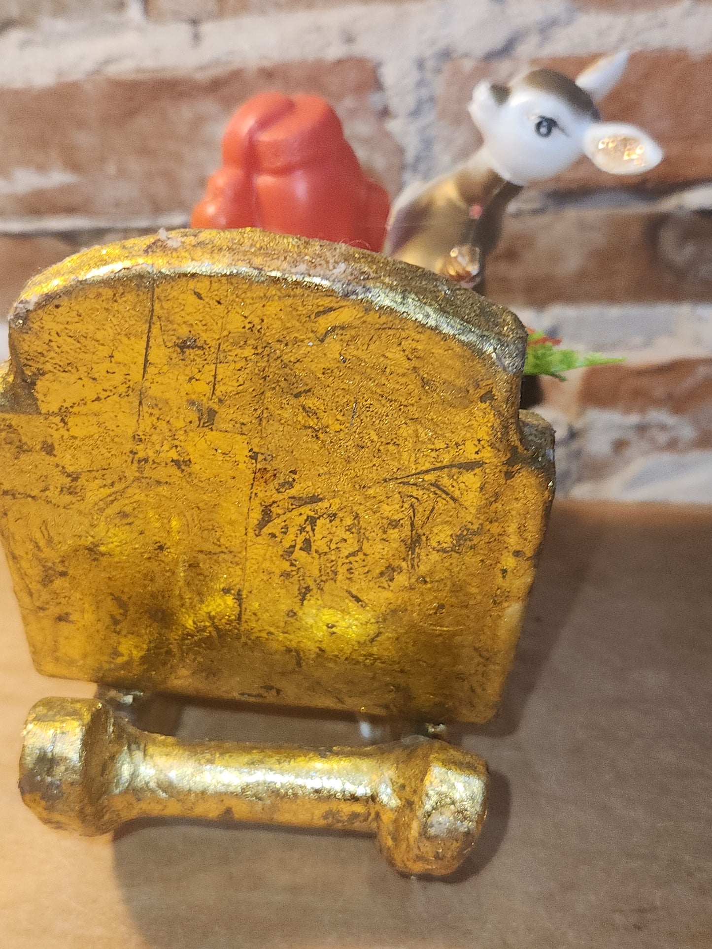 Assemblage with Vintage Hong Kong Reindeer Gold Paper Mache Sleigh Santa as7