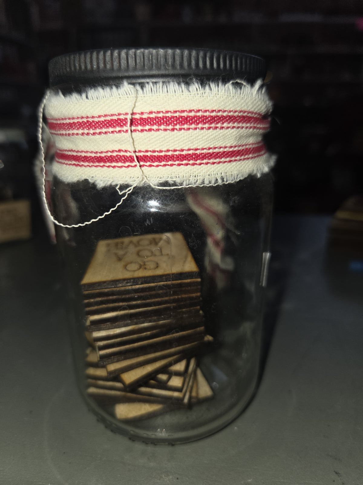 Family Fun Jar Pick an Activity with Red Stripped Ribbon ffj1