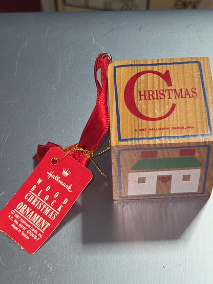 Vintage Hallmark Cards Christmas Ornament Wood Block 1987