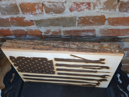 Live edge slab balsa wood mechanics flag laser engraved ew55