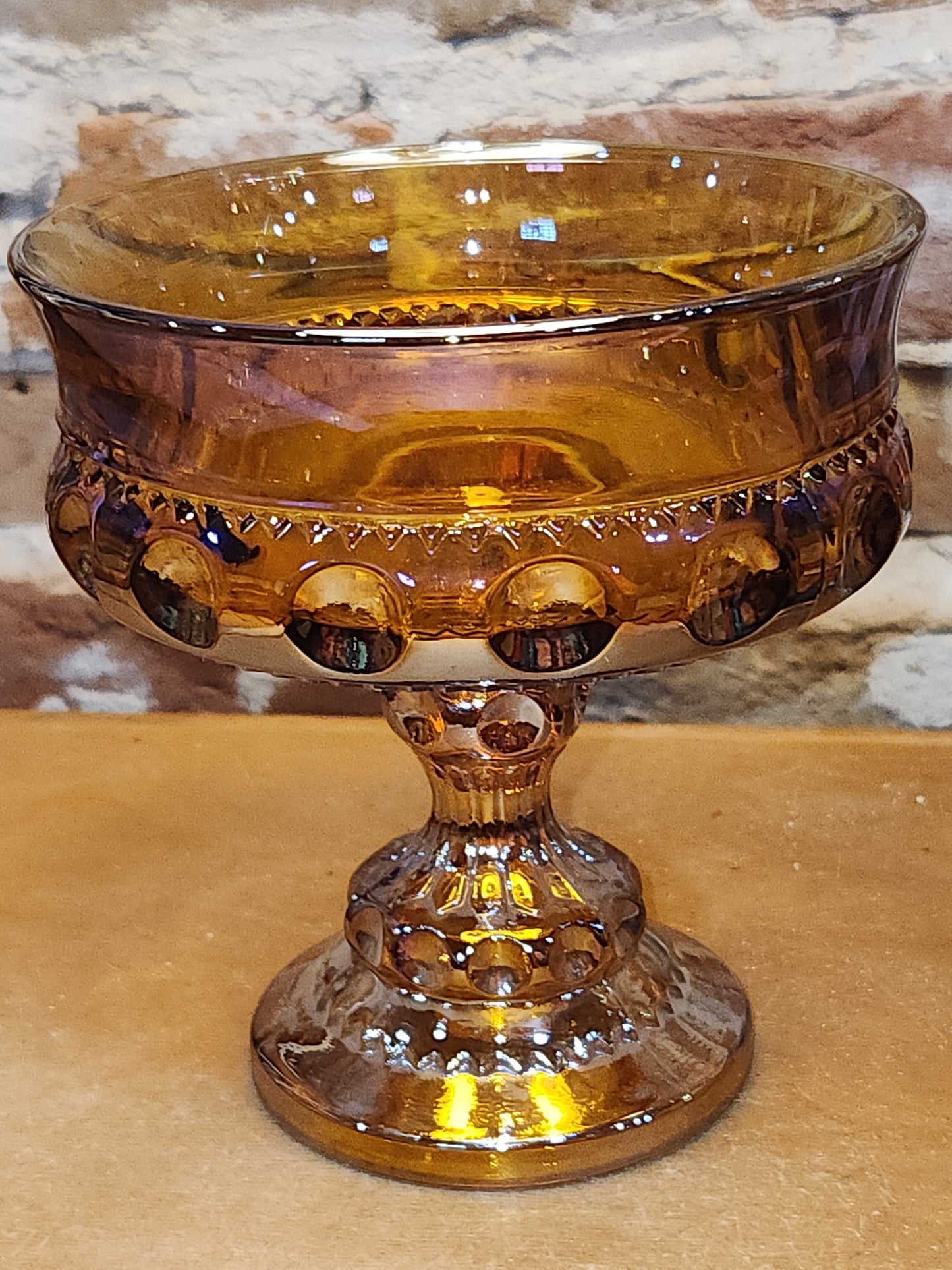 Indiana Glass Compote Kings Crown Thumbprint Pedestal Candy Dish Iridescent Gold cg9