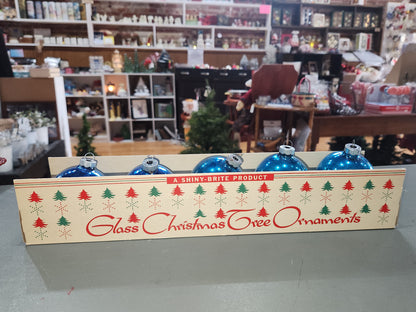 Vintage Shiny Brite Glass Christmas Ornaments Five 3" Varying Blue Shades in Fanci-Pak Box As Is sb15