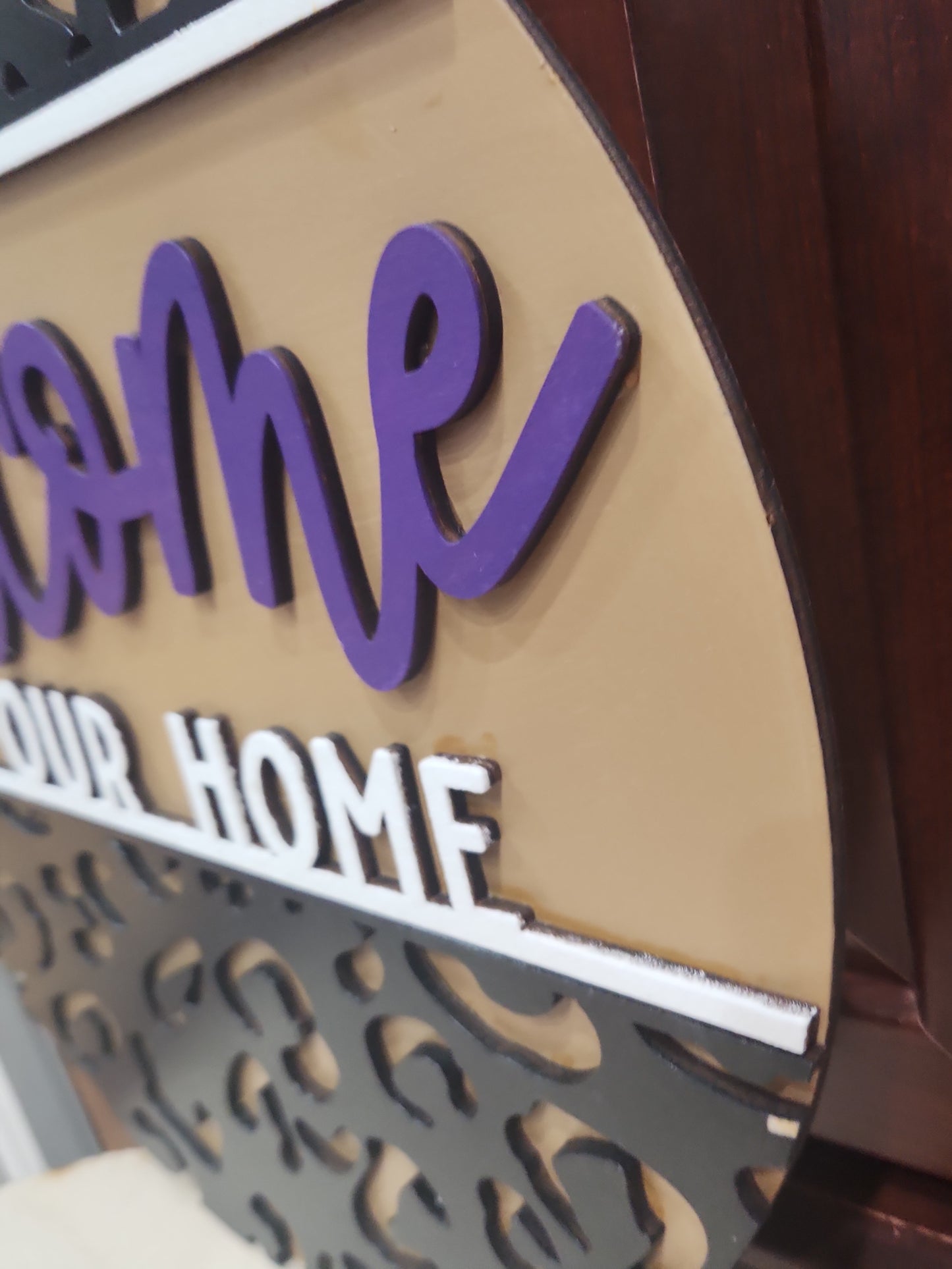 Door Sign 16" Handpainted Leopard Print Welcome to our Home purple black white tan CLEARANCE ds9
