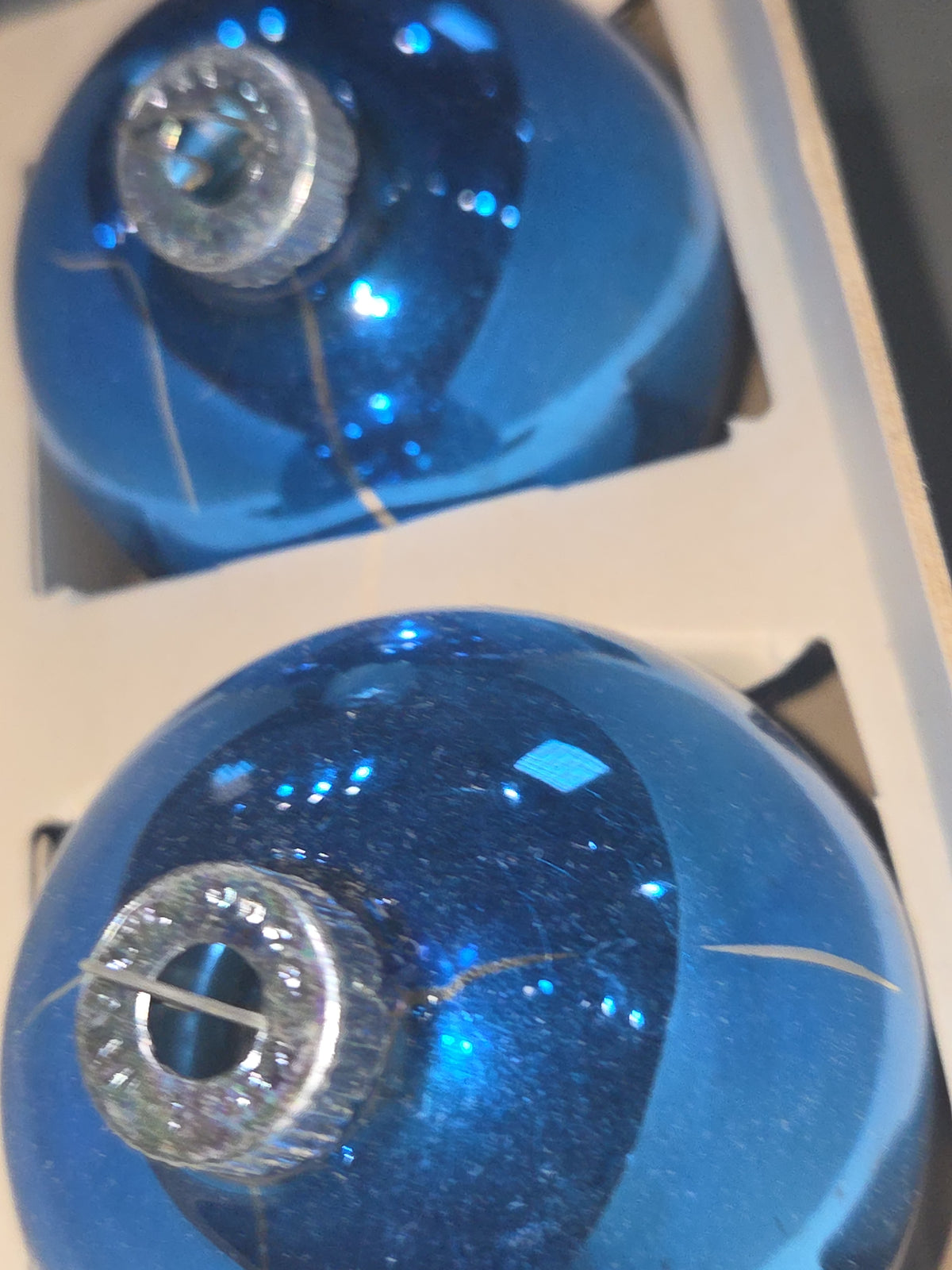 Vintage Shiny Brite Glass Christmas Ornaments Five 3" Blue Shades in Fanci-Pak Box As Is sb10