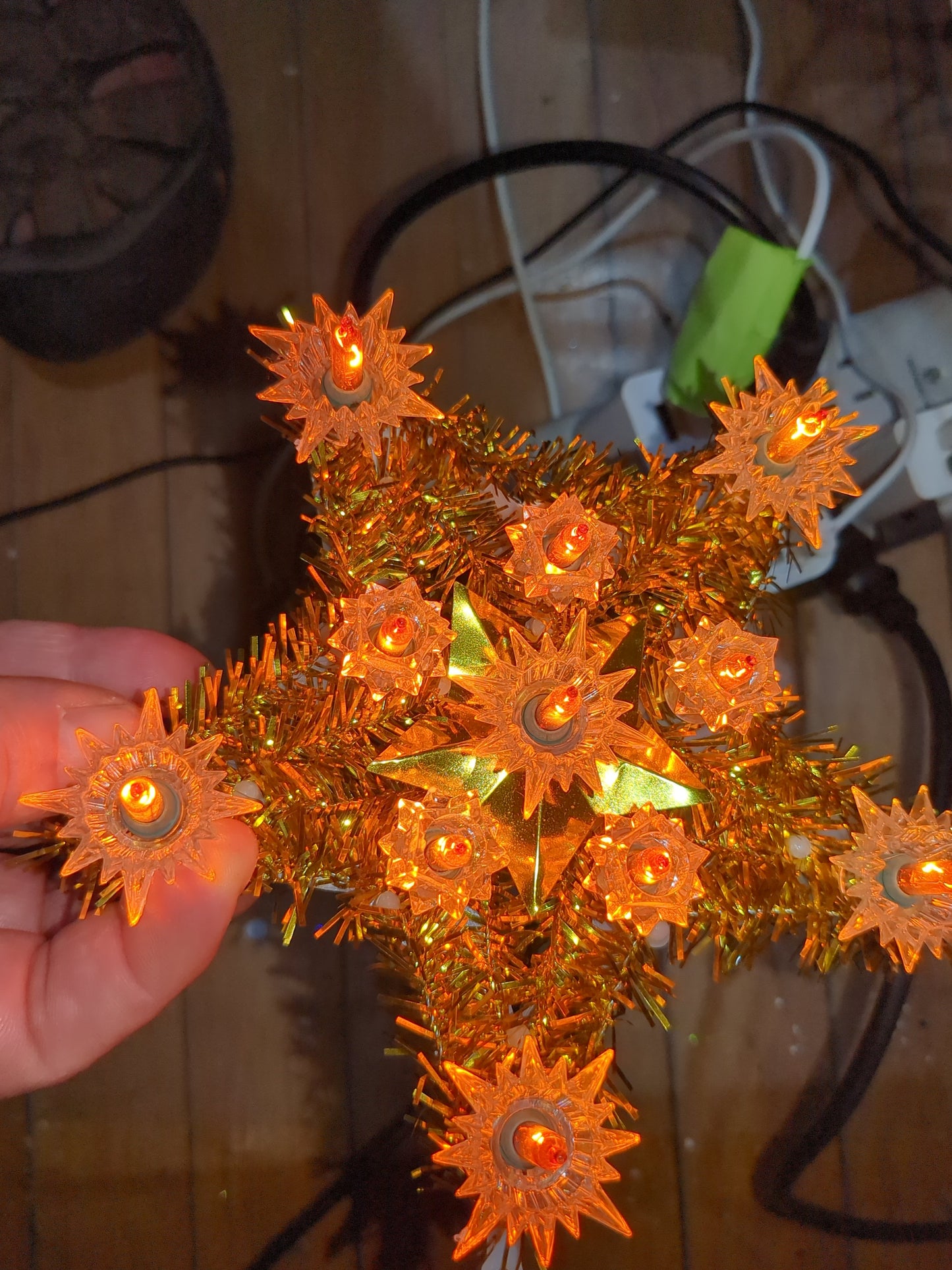 Vintage Christmas gold star tinsel Tree Top Red Flashing Lights tt50